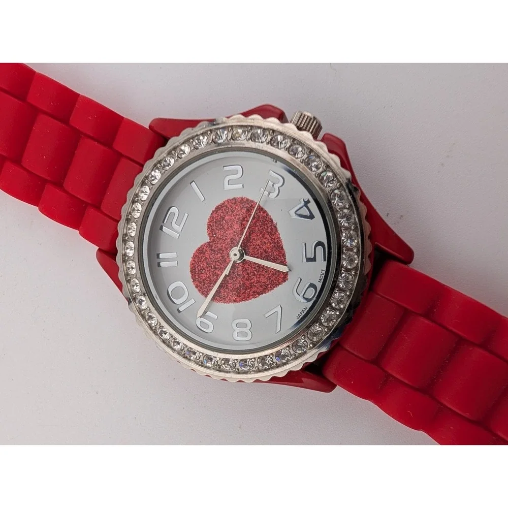 Geneva Platinum‎ Heart Dial Watch Women 38mm Case Red Silicone Band- New Battery